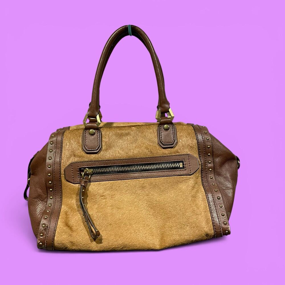 Cute tan camel hair milk chocolate leather studded bag oversized Oryani